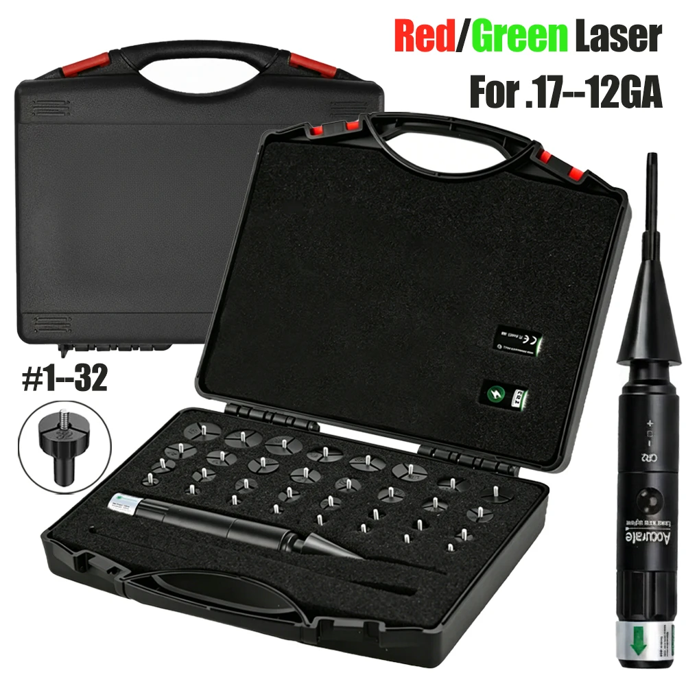 Kit de Alineación Láser para Armas con 32 Adaptadores, Compatible con Calibres de 0.17 a 12GA, Alineador de Punto Verde o Rojo con Interruptor de Botón para Todas las Armas de Fuego