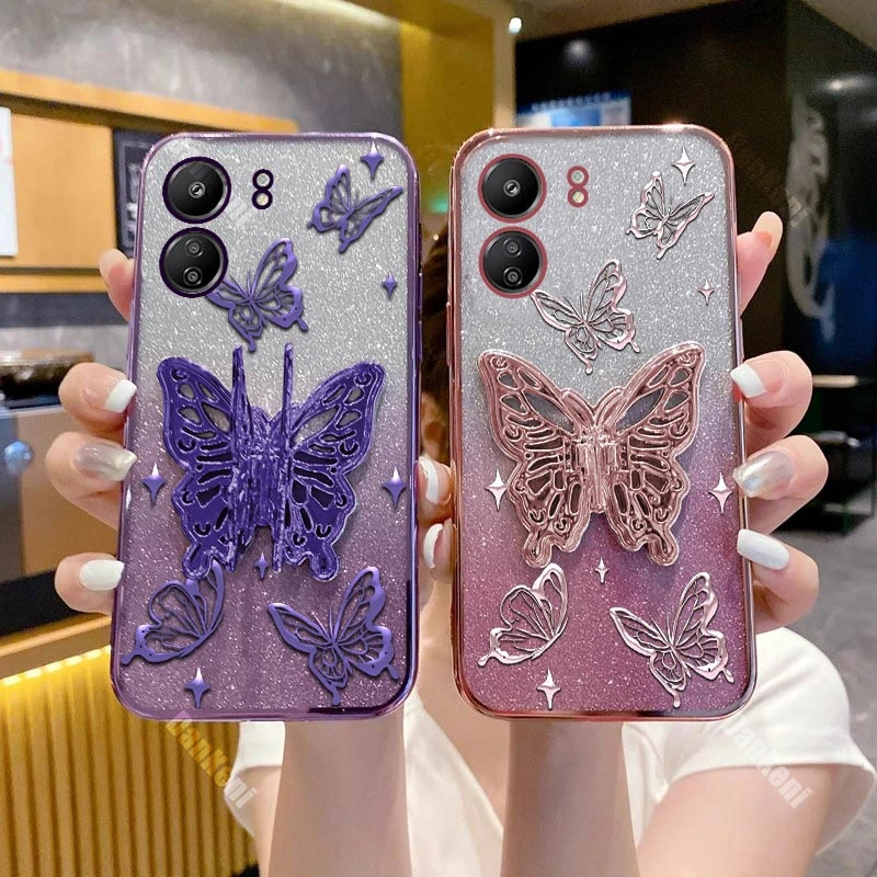 13C Shiny Butterfly Plating Phone Holder Case For Xiaomi Redmi 13C 13R 12C 12 10 10A 10C 11A 9A 9C 9 A3 A1 A1Plus Turbo 3 Cover