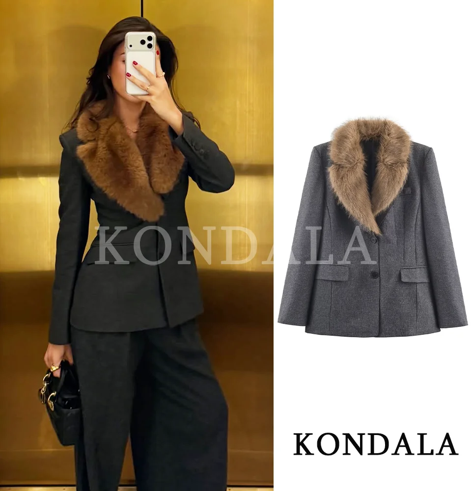 KONDALA Modna Marynarka w Stylu Vintage z Odpinanym Futrzanym Kołnierzem Damska Elegancka Szykowna Marynarka Zapinana na Guziki Wyszczuplająca Cienka Marynarka Wiosna 2026 Marynarka na Kolację dla Pań