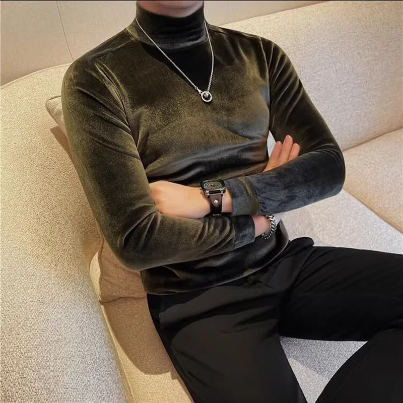 

Autumn Winter Fashion Men's Heat Keep Warm Casual T-Shirt Half High Collar Tops Solid Long Sleeve Slim Fit Gold Velvet T-Shirts