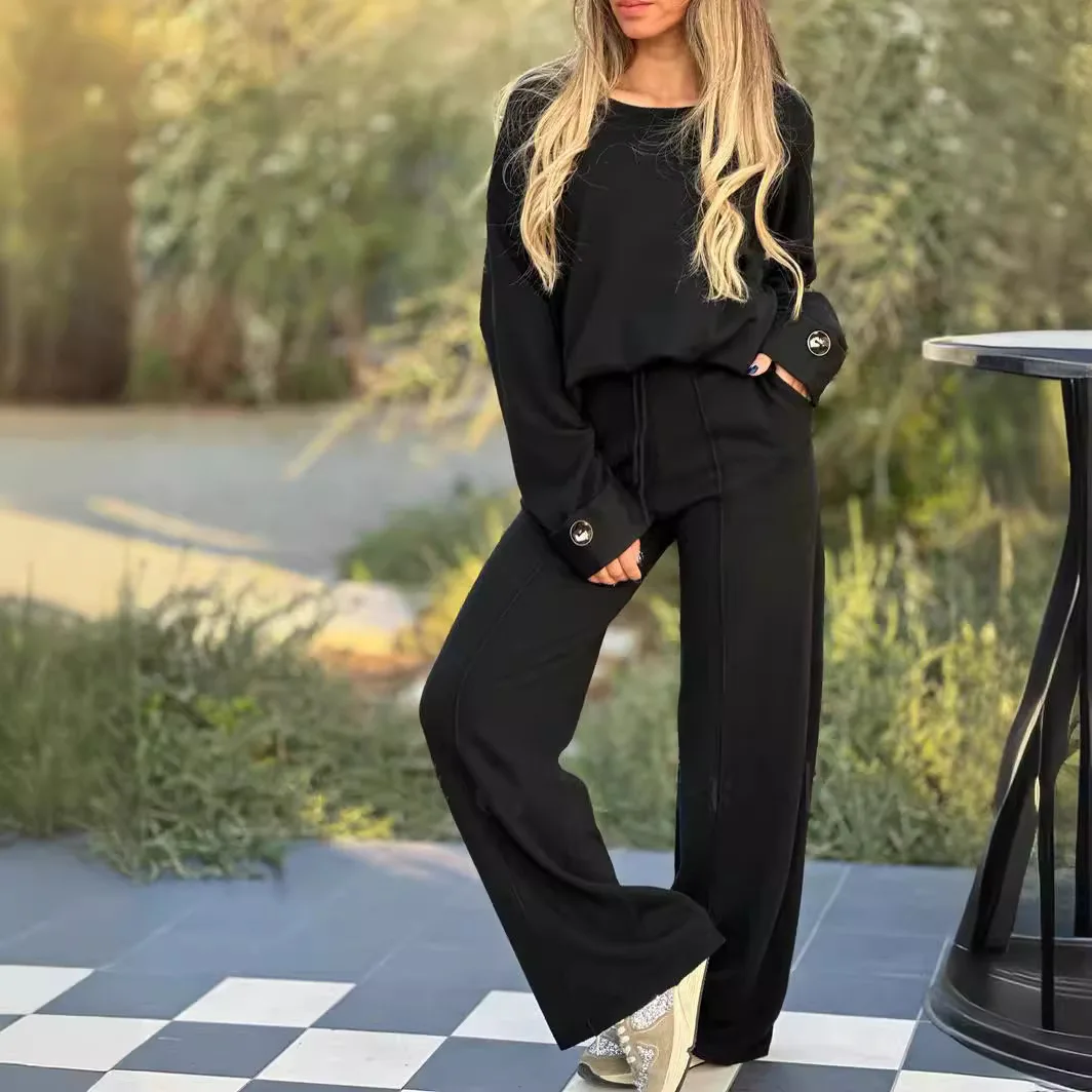 2024 Autumn Women Tracksuit Suit Black Solid Long Sleeve Top Wide-leg Pants Set Female Fashion Casual Sport Suits Clothes Ladies