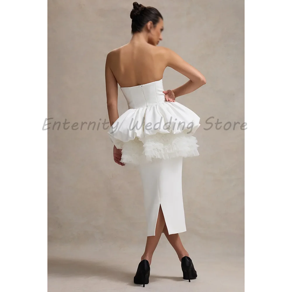 Strapless White Midi Wedding Dress Structured Corset Bubble Peplum Ruffled Tulle Layer Pencil Skirt Elopement Bridal Gown