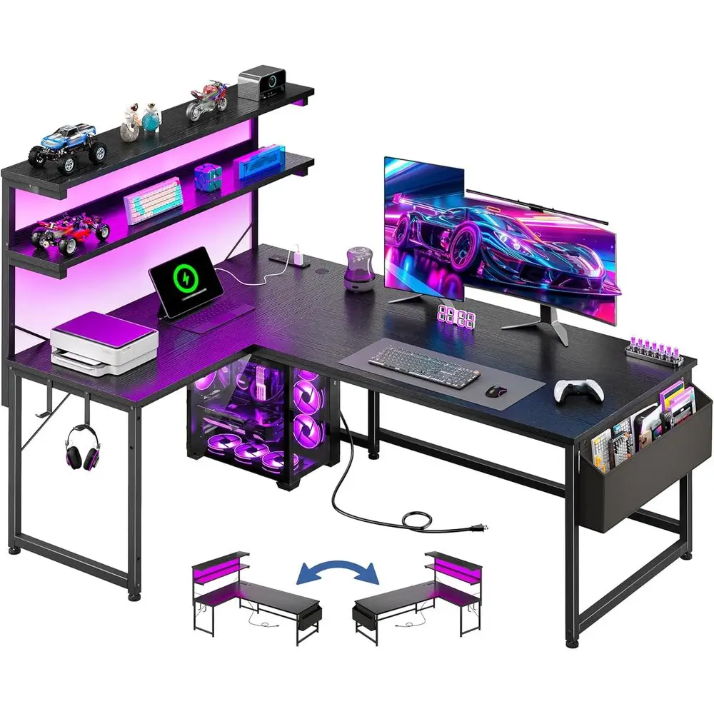 

53 Inch L Shaped Desk Gaming Desk with LED Light & Power Outlet, Reversible L Shaped Computer Desk with Shel & Storage Bag Gamer