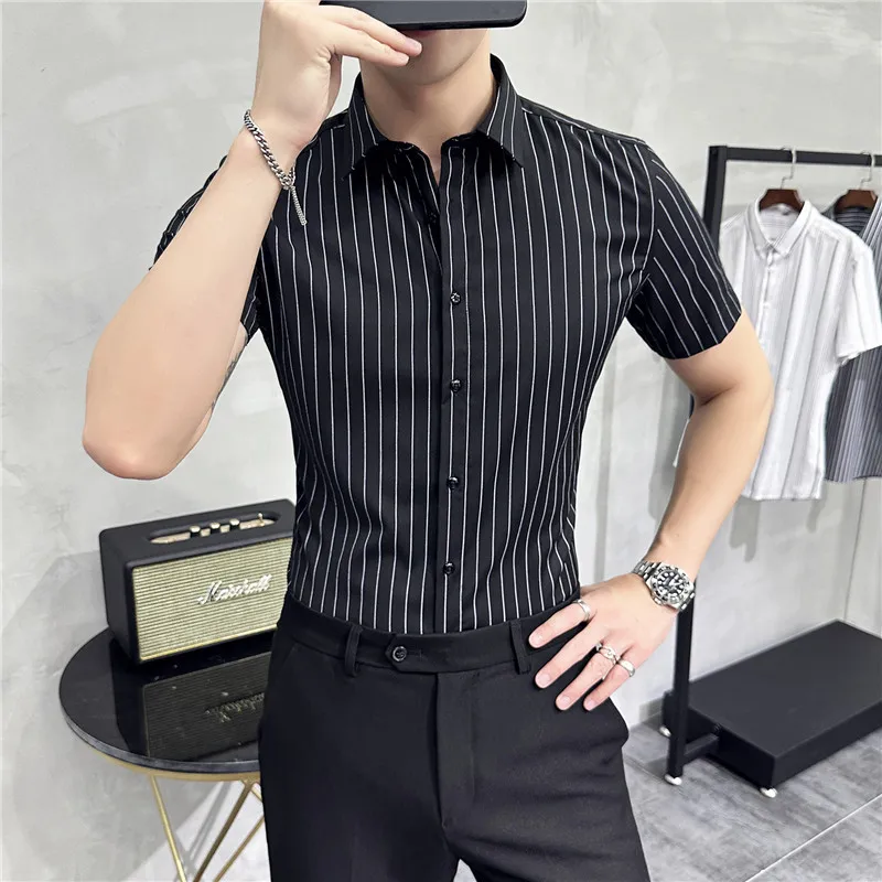 

Summer Short Sleeve Shirts Men Fashion Slim Fit Striped Casual Business Dress Shirts High Quality Streetwear Social Party Shirts