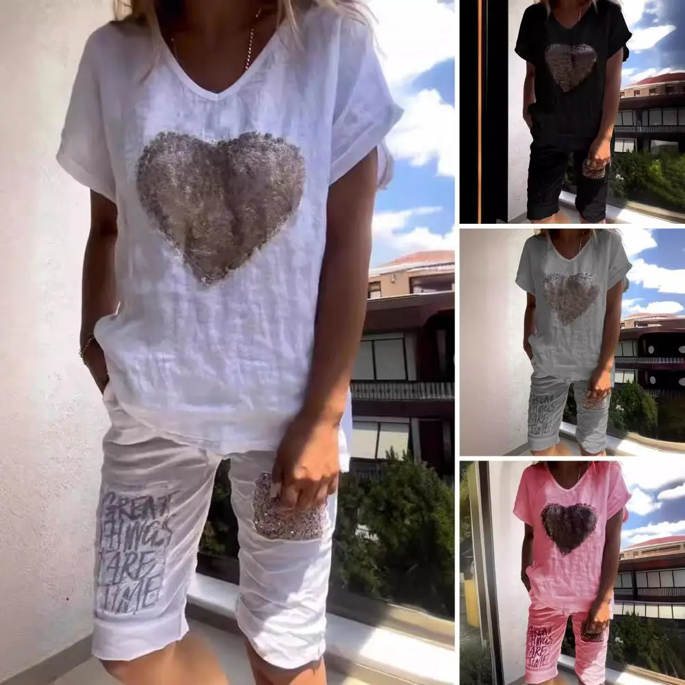 

2 Pcs/Set Women Top Pants Set Short Sleeves Loose T-shirt Sequin Letter Decor Shorts Daily Wear Commute Homewear Outfit