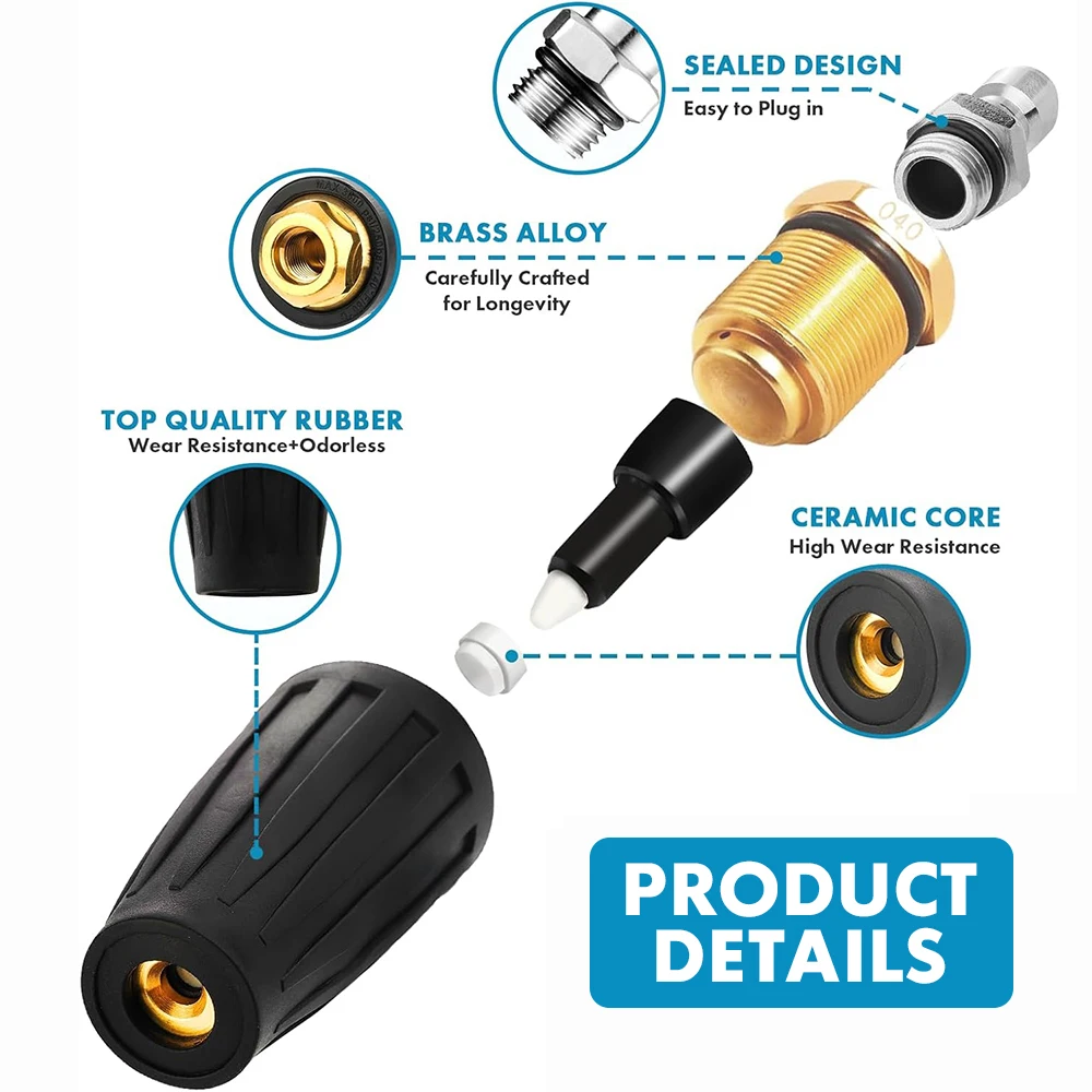 1/4 "ملحق غسالة الضغط في السيارة فوهة دوارة توربو 360 °   توربو دوار 4000 رطل لكل بوصة مربعة من النحاس الصلب + ABS مع 7 فوهات