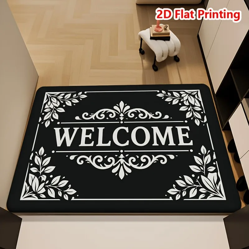 Welcome Floral Border Doormat Black Background with White Floral Ornate Welcome Text Non Slip Floor Mat for Elegant Entryway