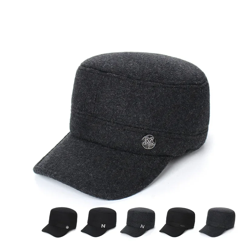 military hat Outdoor five-star woolen hat Korean version warm middle-aged flat top hat Ear protection cap