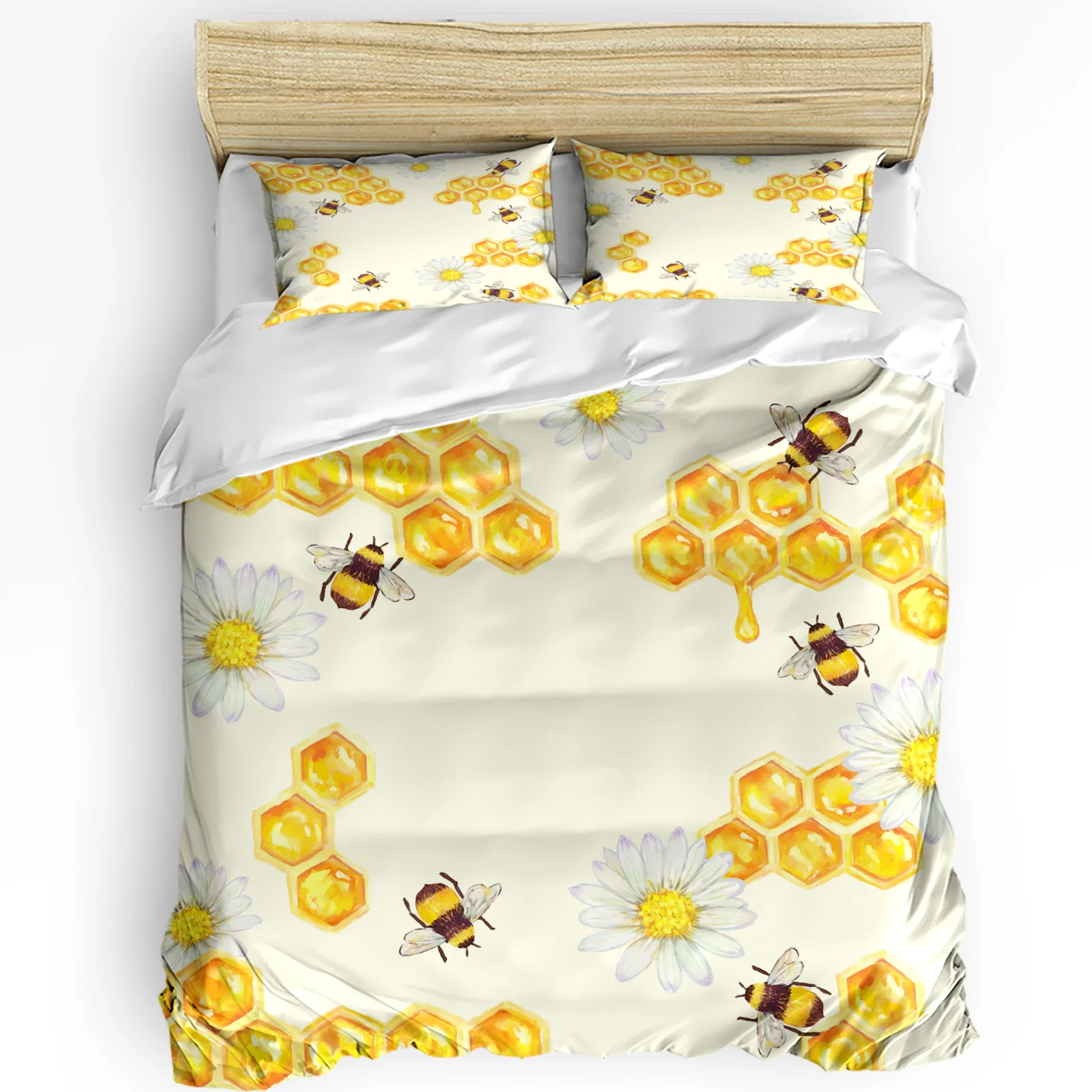 

Bee Honey Flower Yellow Printed Comfort Duvet Cover Pillow Case Home Textile Quilt Cover Boy Kid Teen Girl 3pcs Bedding Set