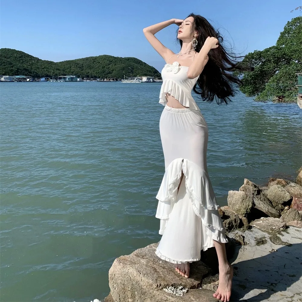

Pure Desire Women's Set 3D Flower Hanging Neck Tank Top High Waist Irregular Ruffle Edge Skirt Outfit Split Skirt Strapless Tops