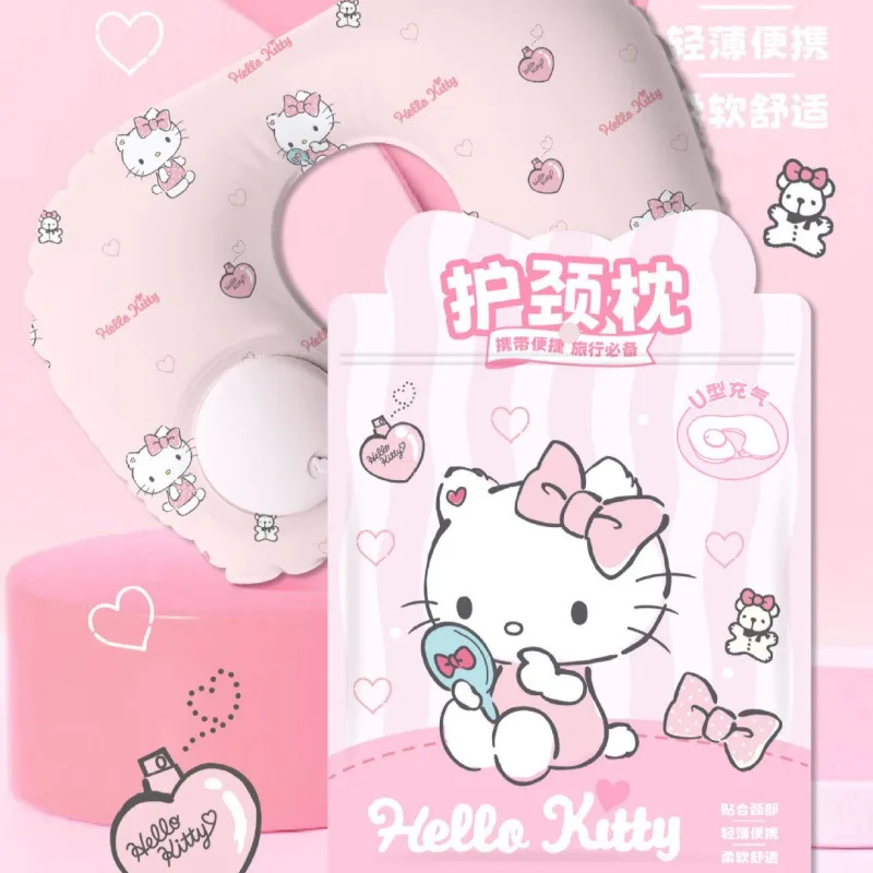헬로키티 인플레이터블 U자형 베개 프린트 애니메이션 여성 액세서리 휴대용 여행용 인플레이터블 인형 소녀 선물 도매