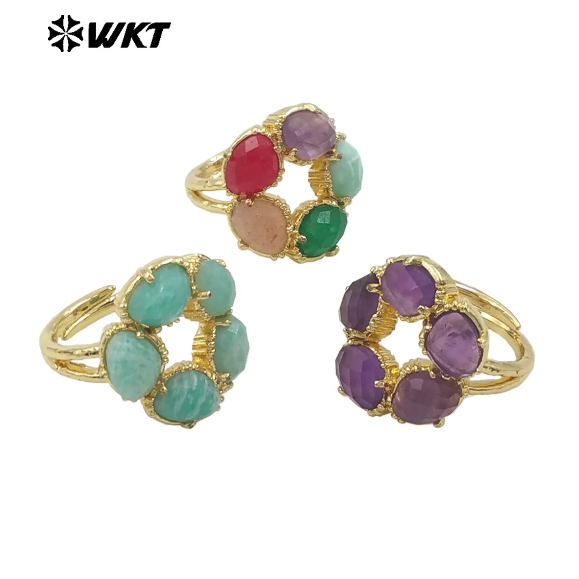 WT-R528 Wholesale New Colorful Gemstone Ring Natural Stone With Claw Setting Flower Shape For Women Party Jewelry Gift