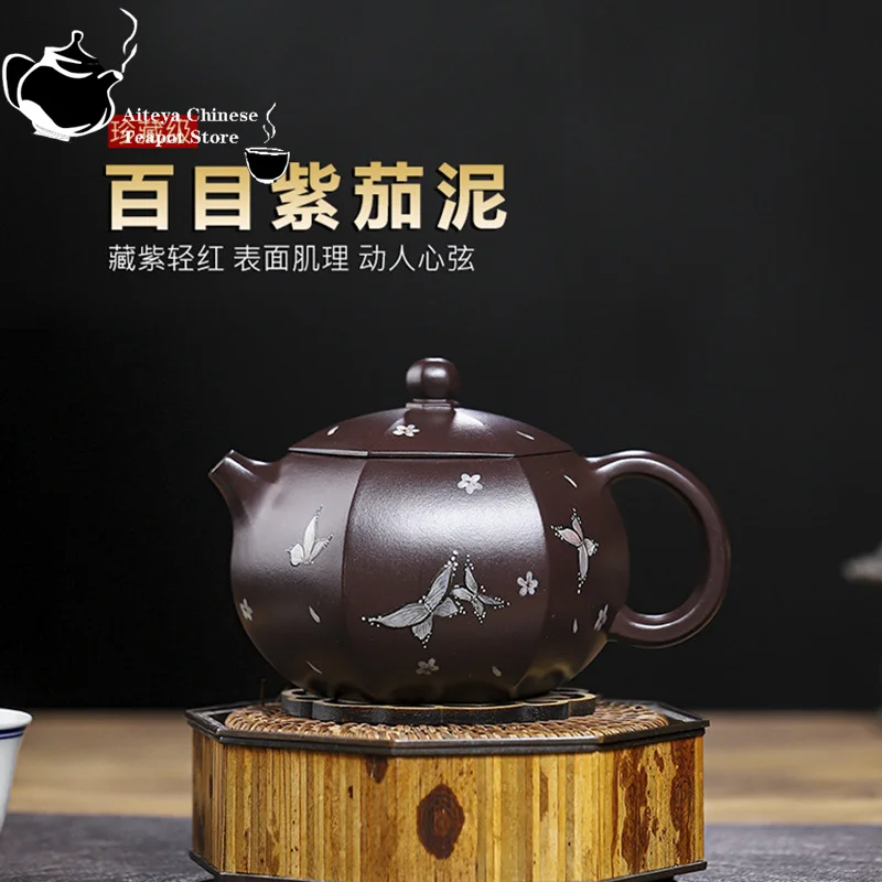 Yixing Handmade Purple Clay Pot with Hundred Eyes, Purple Eggplant Mud, Butterfly Rhyme, Xishi Kung Fu Tea Set, Chinese Tea Pot