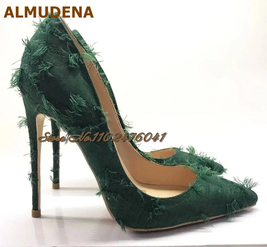 

ALMUDENA Dark Green Red Cloth Fluffy Fringe Dress Shoes 12Cm 10Cm 8Cm Sky High Stilettos Pointed Toe Pumps Shallow Wedding Heels