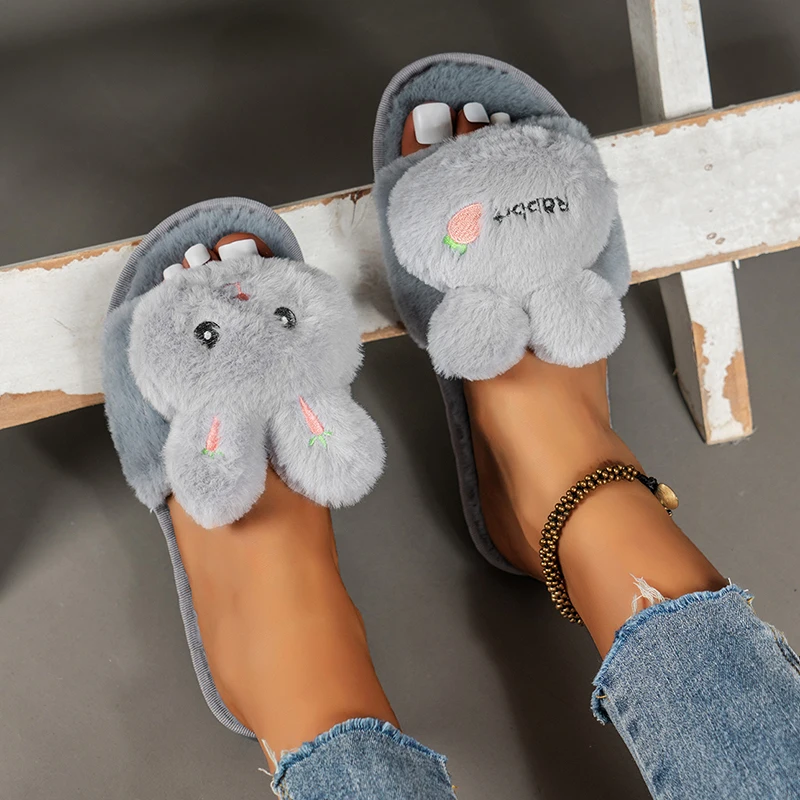 Cute Rabbit Decor pantofole in cotone per donna antiscivolo suola morbida pantofole da casa per interni donna camera da letto Open Toe peluche