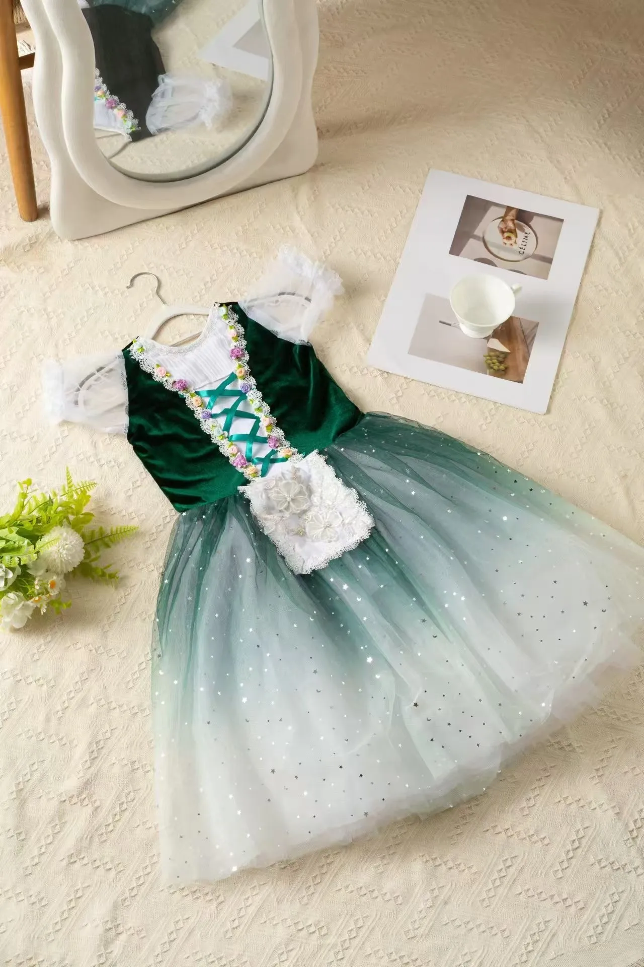 กระโปรง Giselle สีเขียวสำหรับเด็ก, ชุดกระโปรง Tutu บัลเลต์แบบมืออาชีพสำหรับเด็กผู้หญิงหญิงสาวชุดเต้นบัลเล่ต์