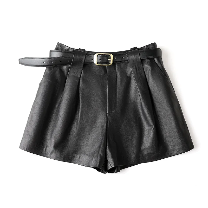 Coffee Genuine Leather Shorts Female Sheepskin High Waist Adjustable Belt Slim Korean Fashion Daily Office Commuter Short Pants