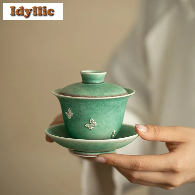 

125 мл Kiln Fambe Crystalline Glaze Серебряная инкрустация Gaiwan Антикварная чайная варенья Чаша для чая с крышкой Набор крышек Чаша для заваривания ча