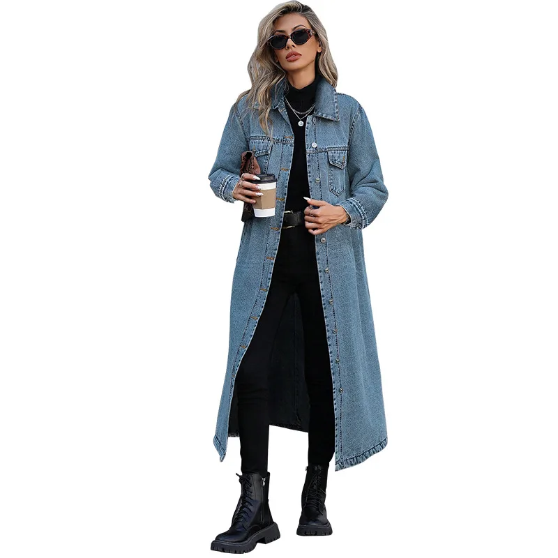 

2026 джинсовый плащ длиной, женское джинсовое пальто, весна-осень, однобортная ветровка, уличная одежда, верхняя одежда Chaqueta