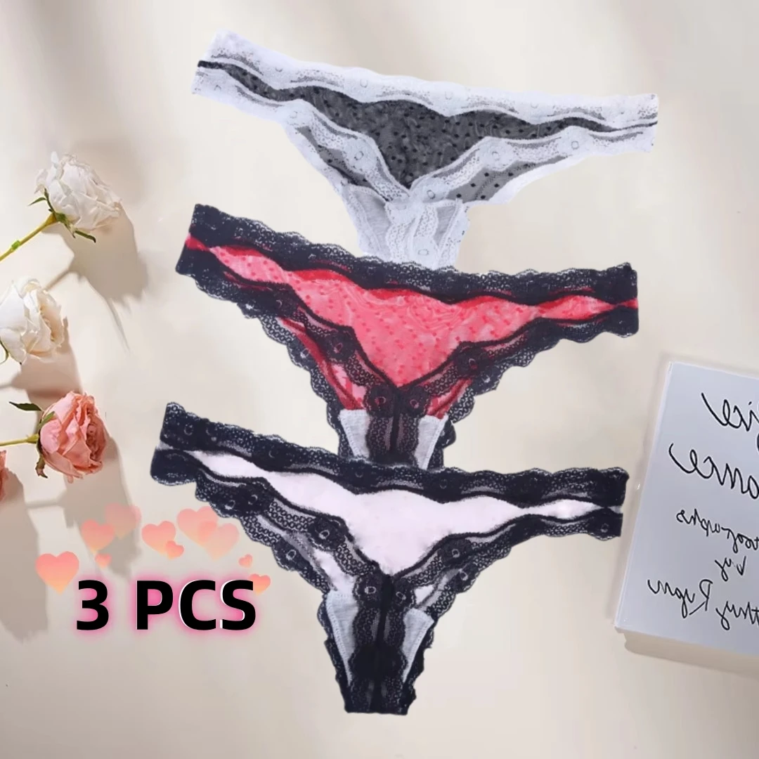 3 PCS T-Trousers Lace-Trimmed Dot Mesh Gauze Trongs Traceless Underwear New Summer Women's Sweet Sexy Transparent Panties