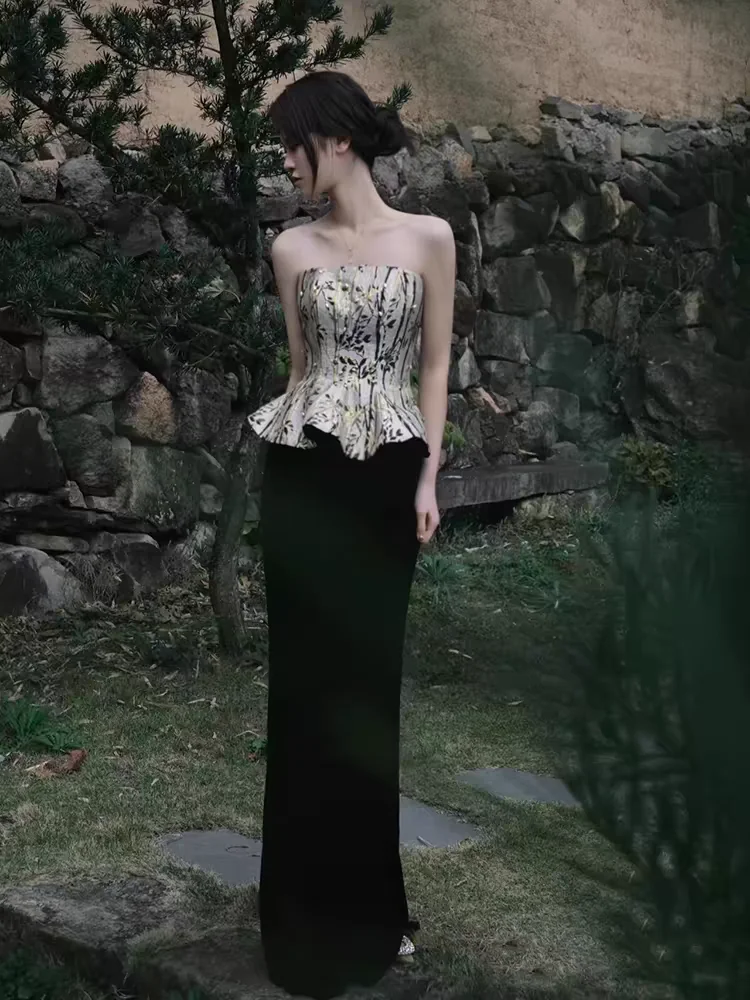 

Elegant Black Sari Style Bridal Gown Red Evening Dress for Wedding Anniversary Birthday Lightweight Luxury Chinese New Style