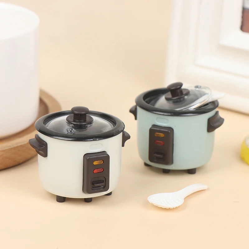 【New】1Set Dollhouse Miniature Rice Cooker With Spoon Model 1:12 Mini Simulation Kitchen Kitchenware Cooking Model Accessories