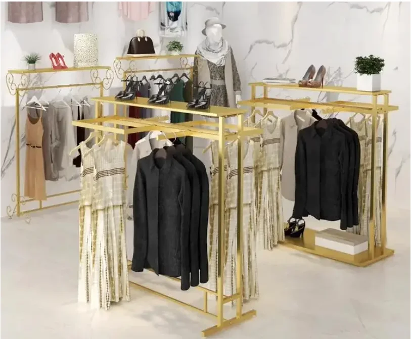 

Clothing display clothing hanging pole Women's floor standing children's clothing side hanging double row shelves