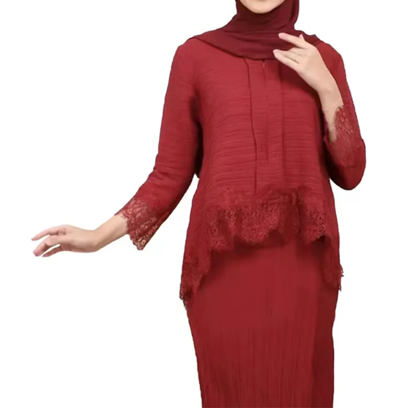 Jupe maxi plissée en dentelle pour femmes musulmanes, taille haute, vêtements islamiques, tenues arabes de Dubaï, robe Abaya, caftan, Ramadan, Eid, 2 pièces