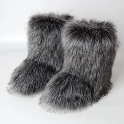 2023 New Winter Faux Fur Boots Women Warm Fluffy Snow Boots Luxury Footwear Female Furry Fox Fur Bottes Fashion Winter Shoes