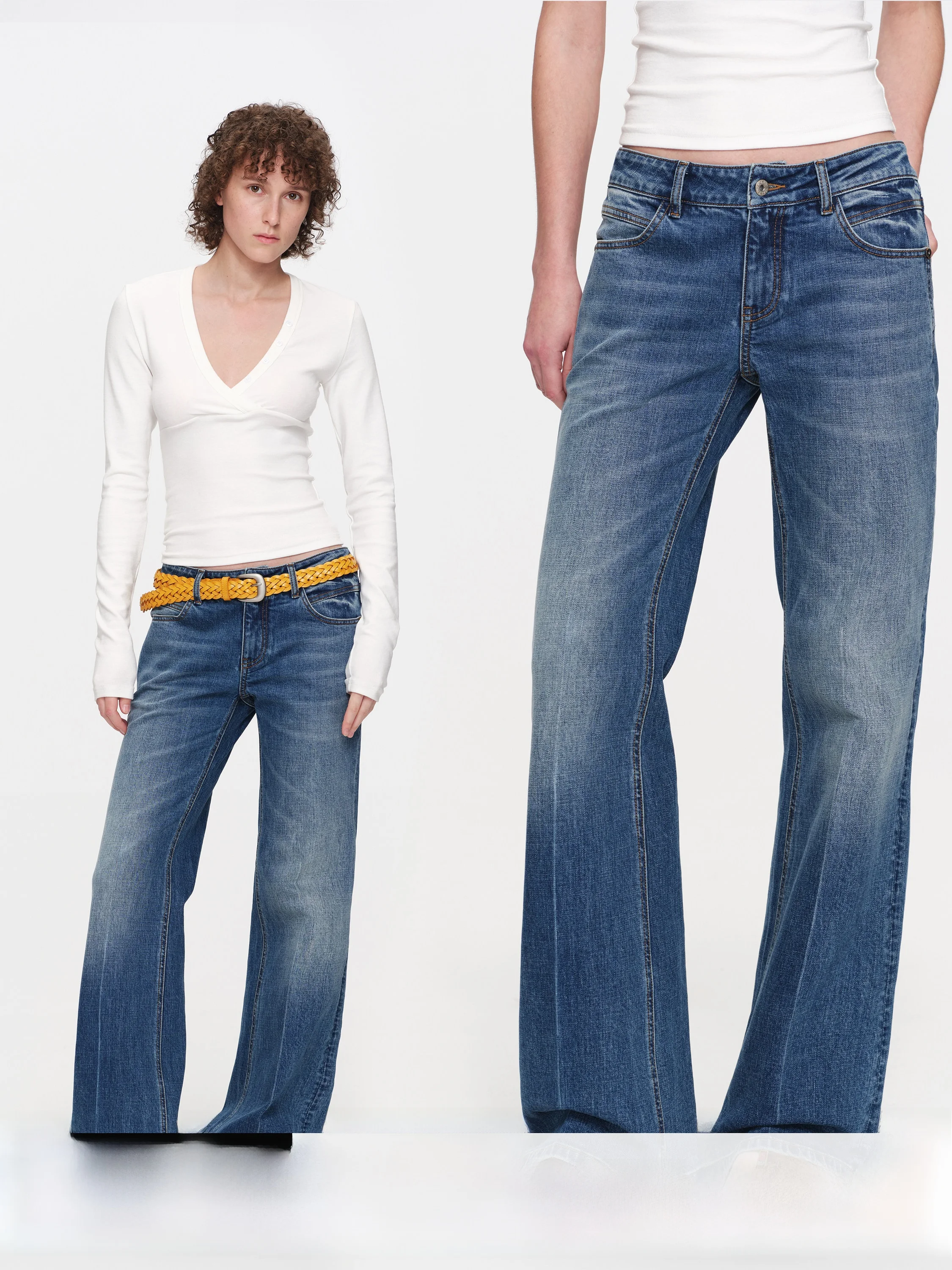 

Retro Washed Bell Bottom Jeans Women's mid Low Waist Wide Leg Denim Pants Stretchy Commute Style Blue Jeans Spring Summer