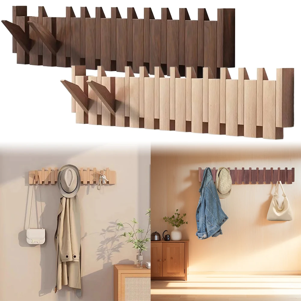 Clothes Hangers Beech Wooden Coat Hooks Wall Mounted with 12 Hooks Entryway Wall Art Hook for Hanging Keys Hats Robe Towels Bags