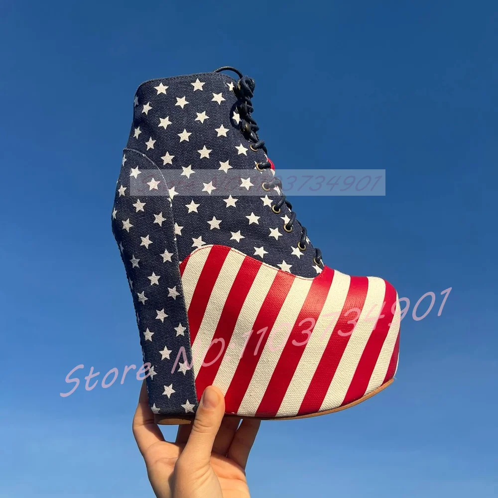 American Flag Pattern Platform Boots Women Patriotic Stars Stripe Spike Stud Wedge Round Toe Boots Festival FashionLace Up Shoes