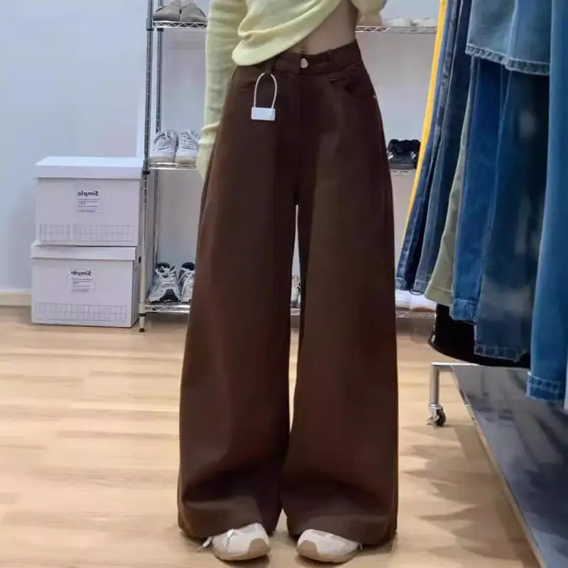 

Коричневые джинсы для девочек, драпированные широкие брюки, универсальные прямые брюки для отдыха, весенне-осенние студенческие напольные брюки, оптовая продажа
