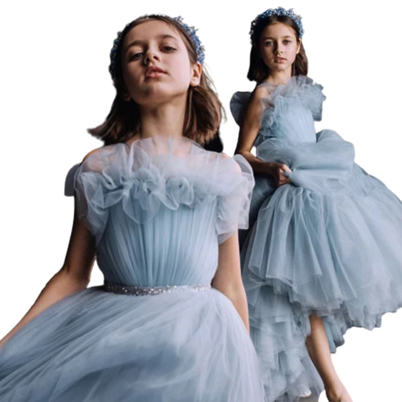 EACHIN Princess Dress for Girls Elegant Mesh Party Dresses Teenager Wedding Clothing Child Sleeveless Sky Blue Tulle Ball Gown