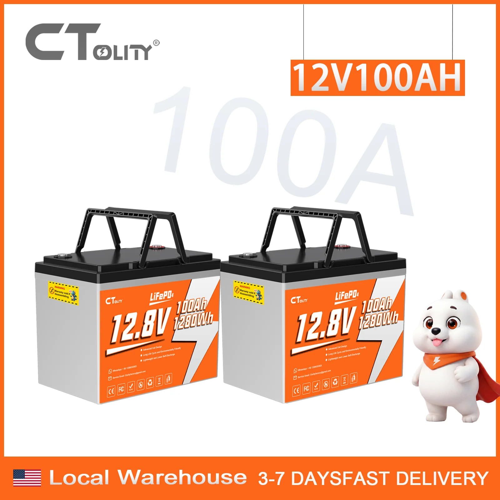 Ctolity 2PCS 12V 100Ah LiFePO4 Battery Pack 2560Wh 2.56kWh 15000+ Cycles Deep Cycle Lithium Battery Built-in BMS for 24V RV Solar System Boat