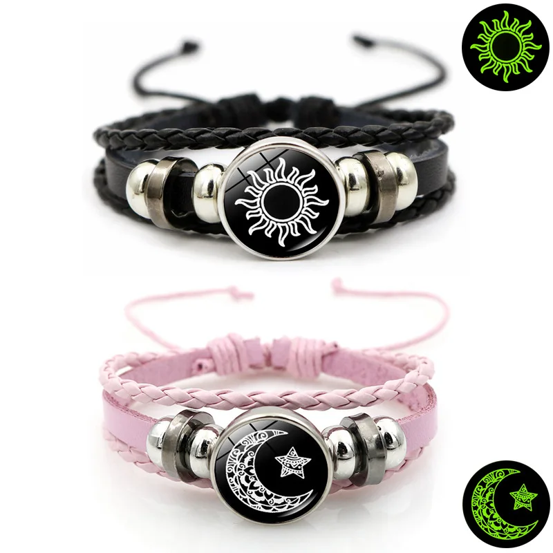 2pcs/set Simple Sun Moon Light in Night Leather Handmad Weaved Bracelets Jewelry Women Men for Lovers Valentine's Festival Gift