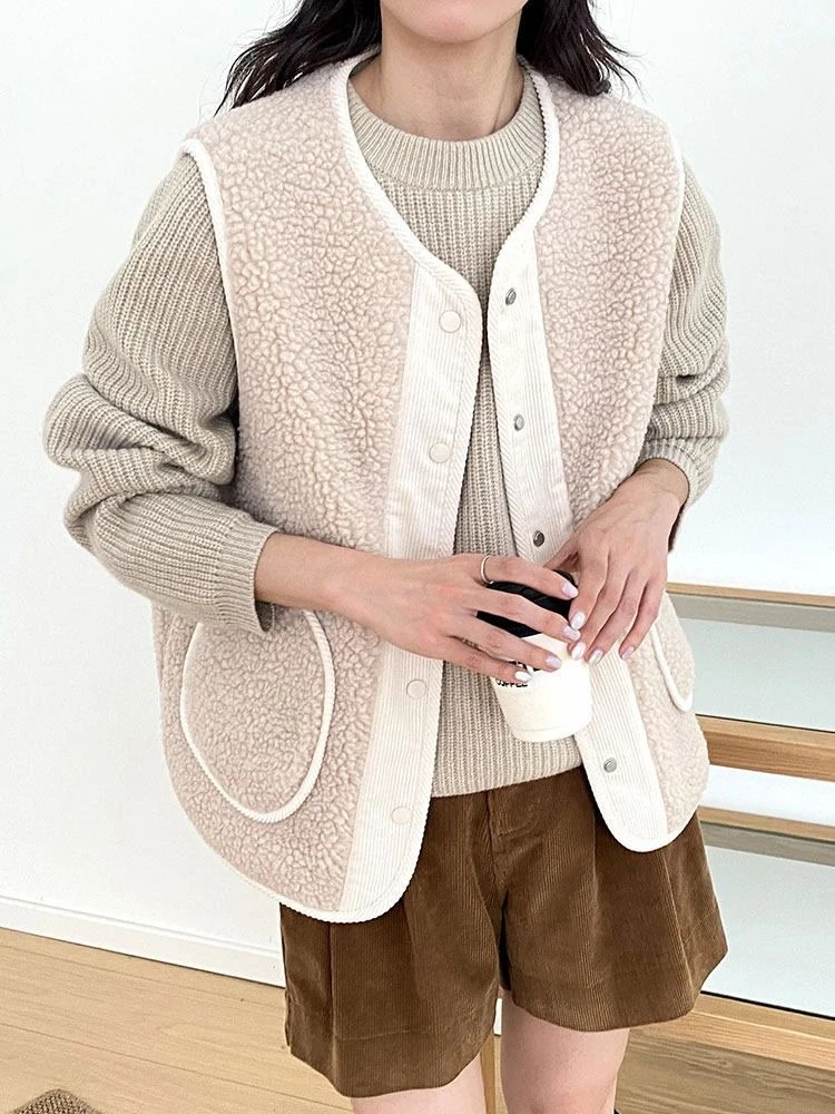 

Autumn Winter Thickened Lambswool Vest Retro Loose Slimming Sleeveless Corduroy Furry Beige Outerwear​