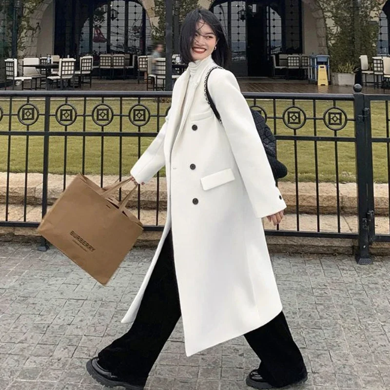 2023 New Women Elegant White Long Below The Knee Woolen Coat Winter Female High Sense Fashion Double-breasted Thicken Outwear