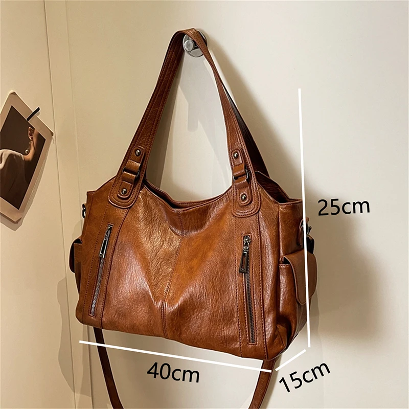 New Large Capacity Soft Leather Women\'s Handbag Fashion Trend Designer Women Shoulder Bag Simple Retro Female Travel Bags Sac