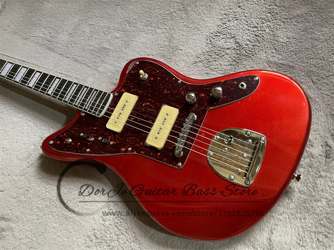 Metal Red Electric Guitar Jag Body Rose Wood fingerboard Shell Inlaid Red Tortoiseshell guard Board P90 Pickup Retro Tuner