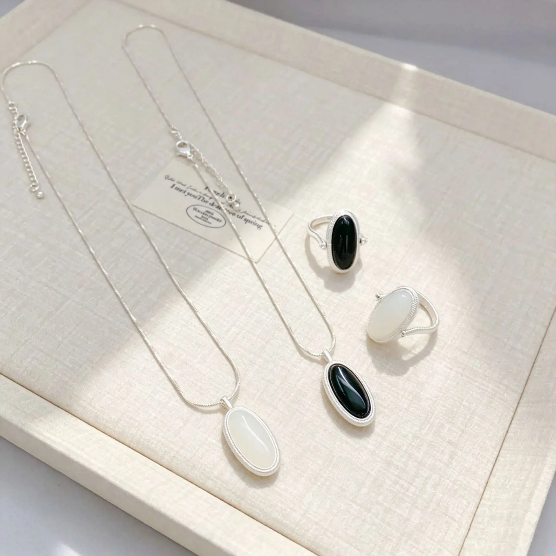 Silver Wire Wrapped Black Onyx Ring Necklace Set, Reversible Wear Elegant Luxury Matching Jewelry Sets For Women Daily Accessori