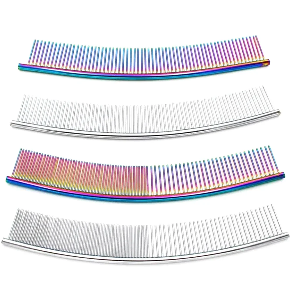 25cm Pet Curved Comb Stainless Steel Combs Professional Pet Grooming Comb Dense Sparse Teeth Dog Cat Cleaning Brush Open Knot