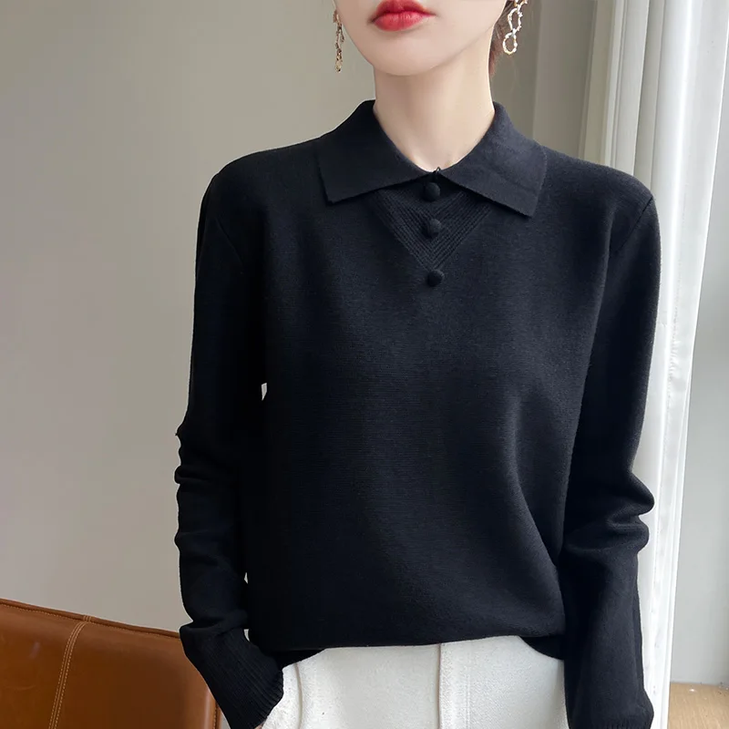 Fall/Winter 2024 New Women\'s POLO Neck Long Sleeve Korean version of 100% Pure Wool Simple Leisure Knitted Cashmere Sweater