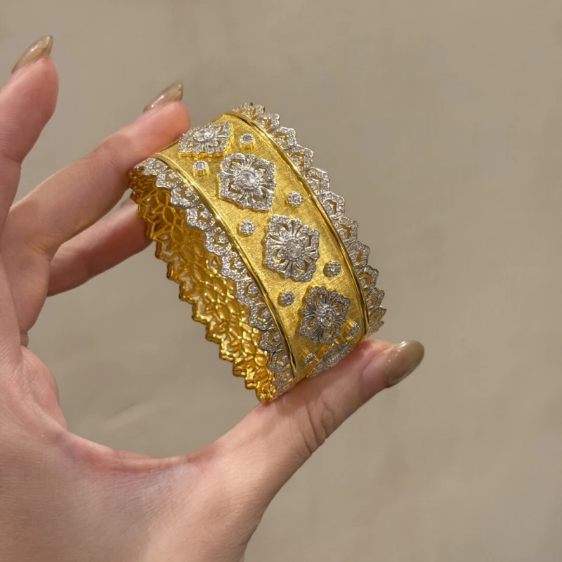 Bellux Fine Jewelry Bracelet Palace Style Carving Italian Wire drawing Craftsmanship Luxury Vintage Wide Edition Gold Bangle
