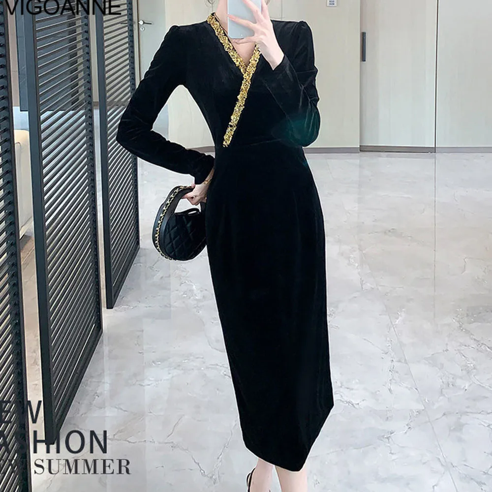 VigoAnne 2025 Spring Autumn Woman Solid Slim Velvet Dress Long Sleeve Korean Dresses Lady V Neck Evening Party Tight Long Dress