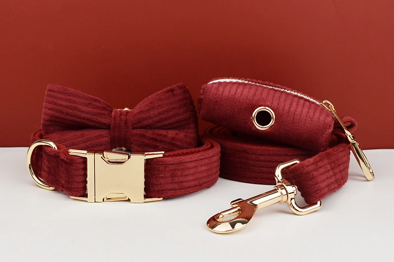 Weinrotes Cord-Hundehalsband und Leinen-Set für Hunde, individuell graviertes Namensschild, Haustierbedarf, Hundeleine, Cord13 – Detail 6