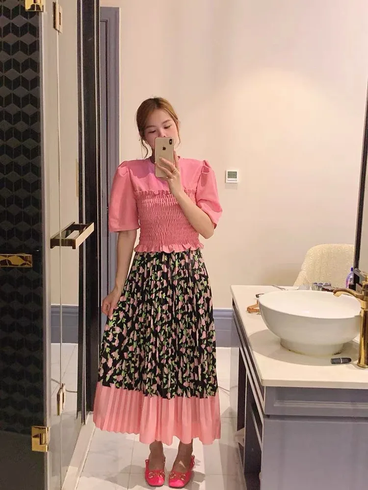 Korean Style Spring Summer Contrasting Printed Pleated Elastic Waist A-line Skirt Plaid Skirt  vintage Pleated Skirt