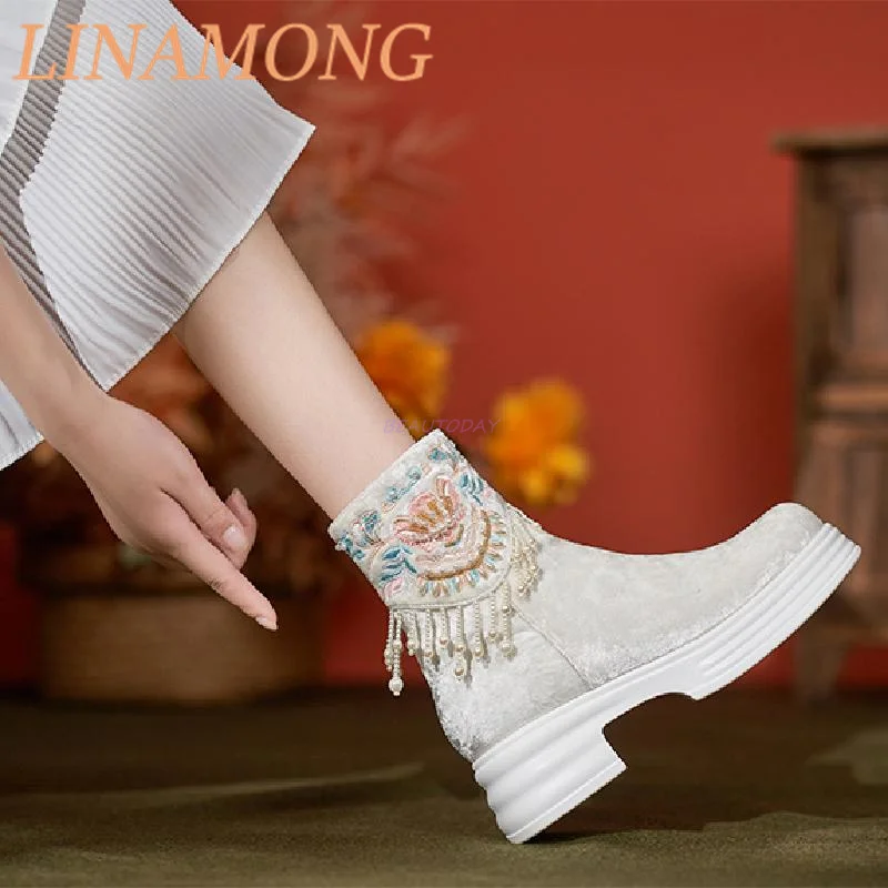Hanfu Boots New Style Fairy Style Chinese Ethnic Style Ancient Style Slimming and Velvet White Sponge Bottom Short Boots