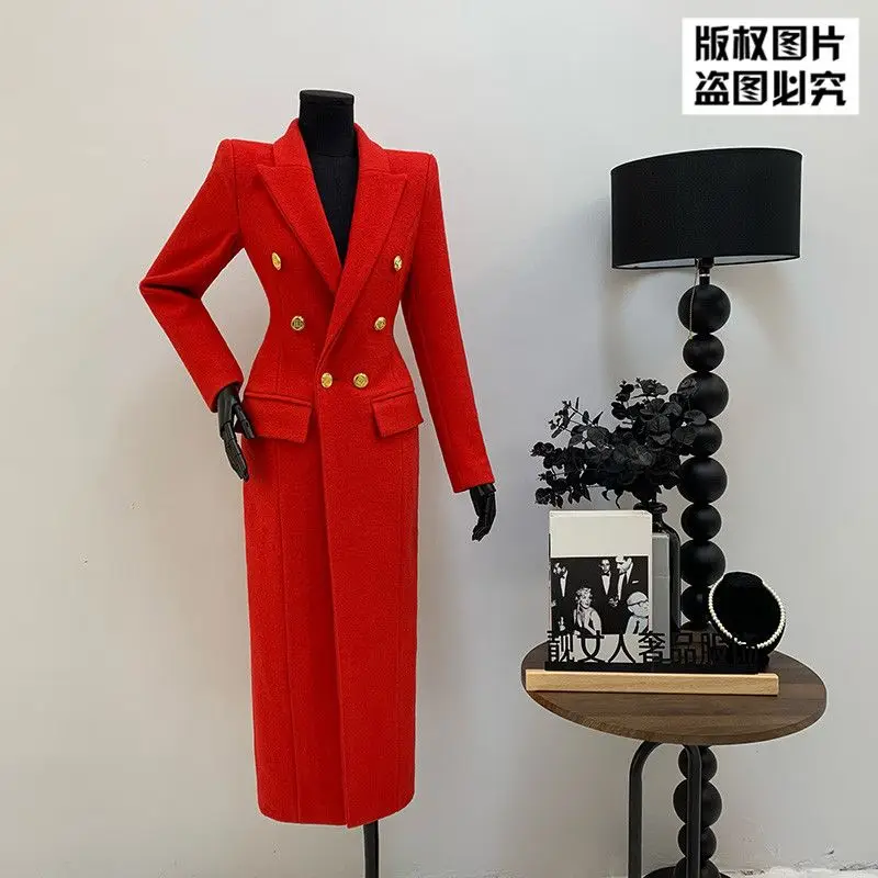معطف صوف طويل فاخر عالي الجودة للنساء معطف نحيف وطية صدر السترة تصميم مزدوج الصدر معطف واق من المطر بأكمام طويلة ملابس خارجية للسيدات للمكتب #3