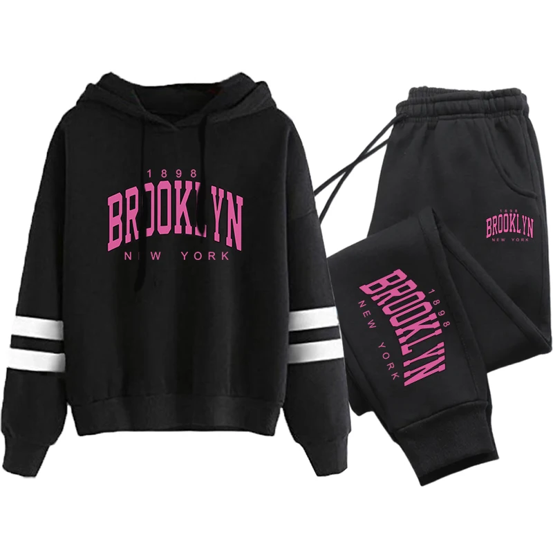 

Brooklyn Printed Tracksuit Women Hooded Sweatshirt Sweatpants Ladies Daily Casual Sport Jogger Suit Urban Fashion Hoodie Outfits